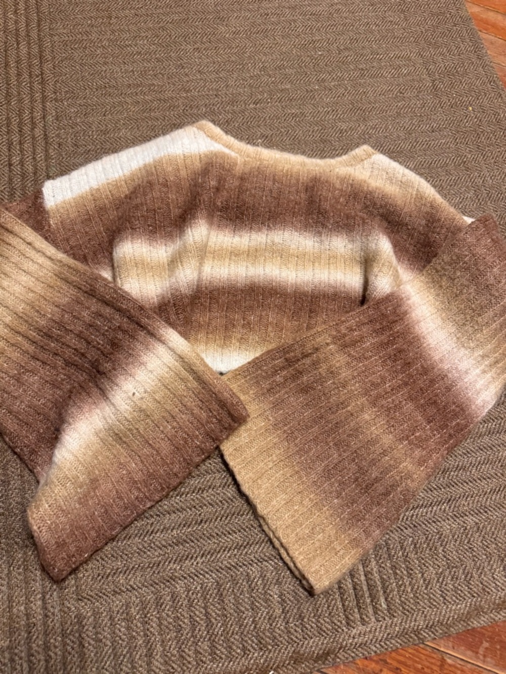 Chic Nation Striped Ombre Crewneck Sweater in Brown and Cream cropped